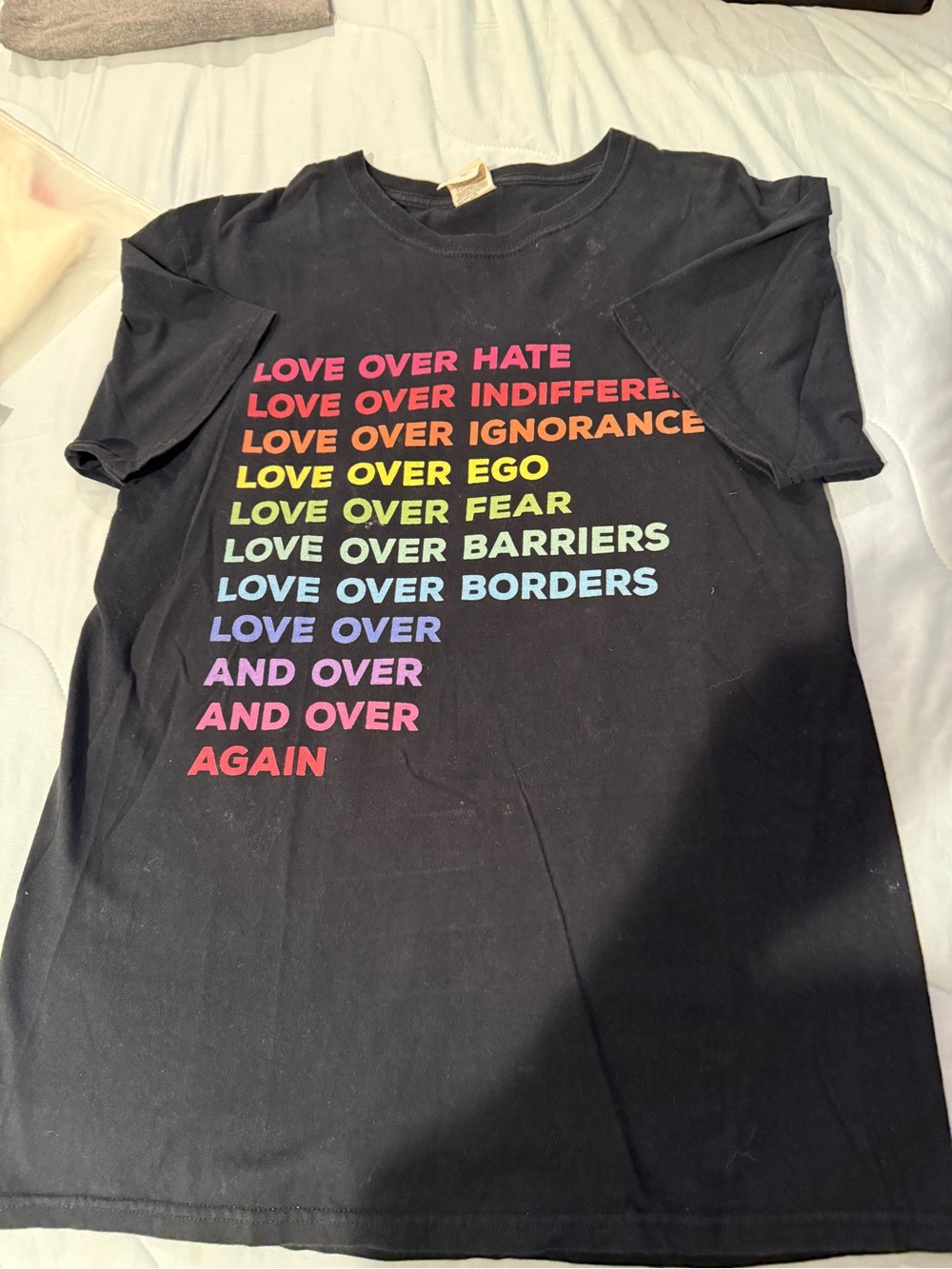 Black Graphic Tee with Rainbow 'Love Over' Print